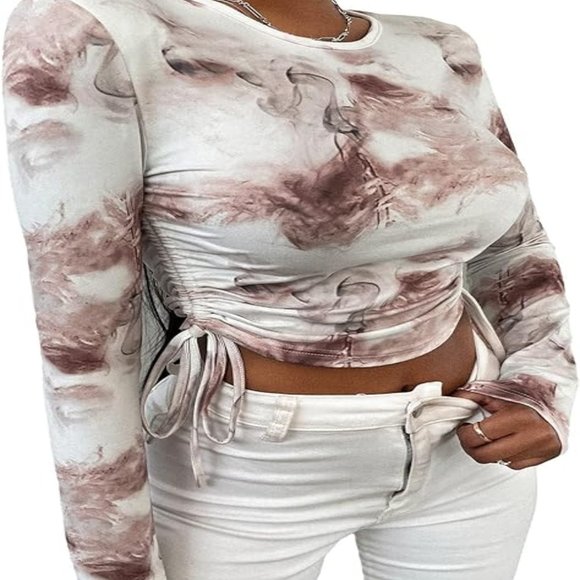 Marble print crop tee drawstring knot side top - Picture 5 of 5